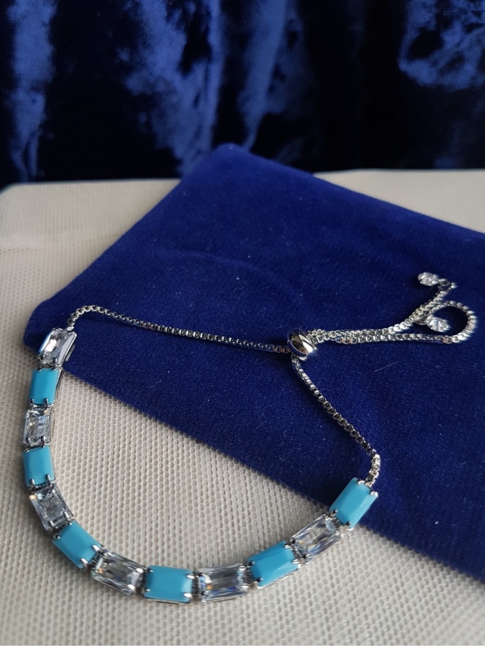 Swarovski Elements Platinum Plated Turquoise Blue & Clear Slider Bracelet NEW